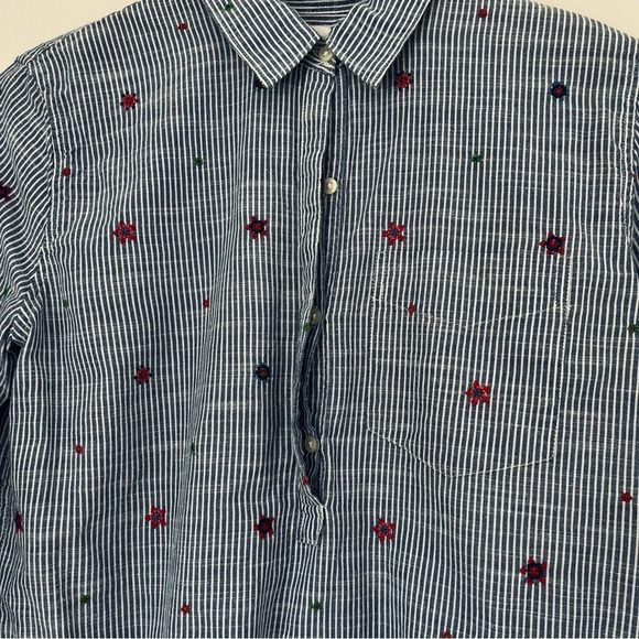 GAP Women’s Shirt Small Blue Red Floral  Embroidered Striped Boyfriend Popover - Picture 5 of 10
